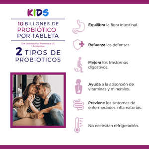 PROBIOTIX KIDS, 10 billones de Probióticos, Suplemento Alimenticio, 20 tabletas masticables sabor a Moras